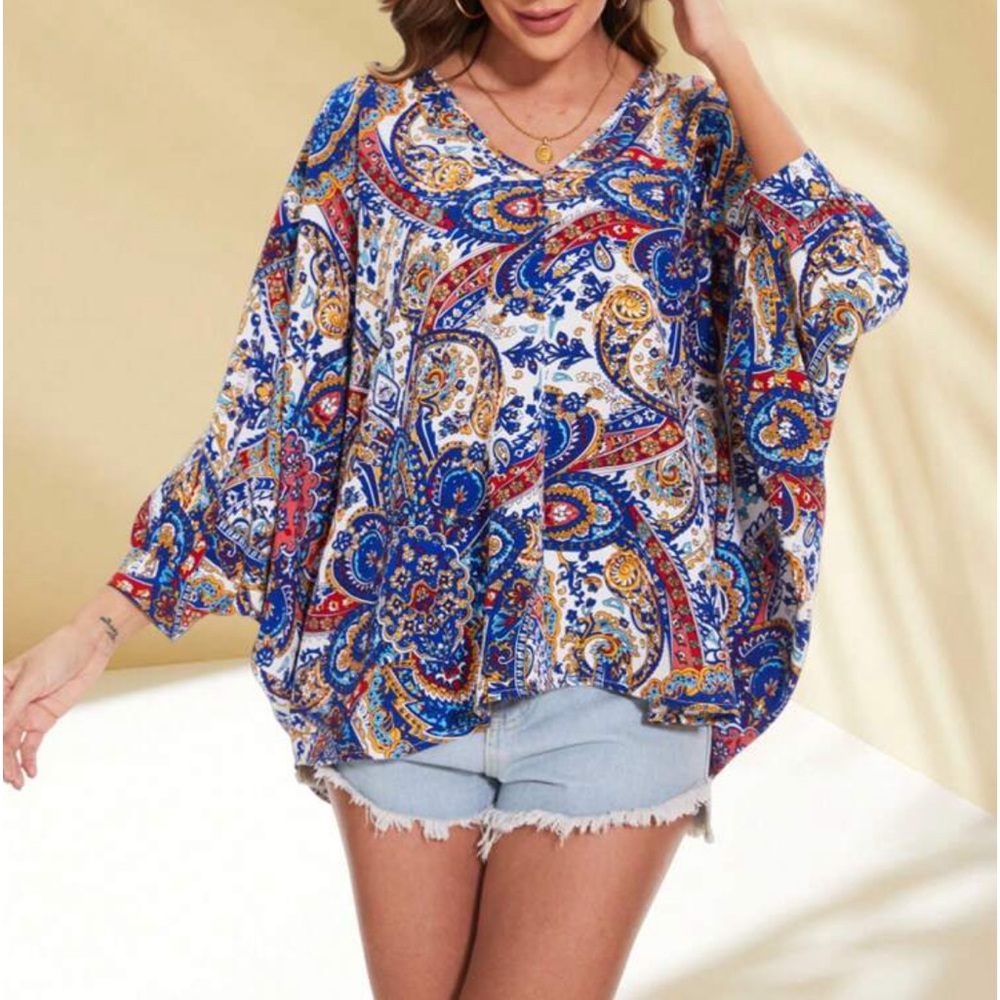 Boho Floral Paisley Print Dolman Sleeve Top Blouse Shirt - Picture 3 of 5
